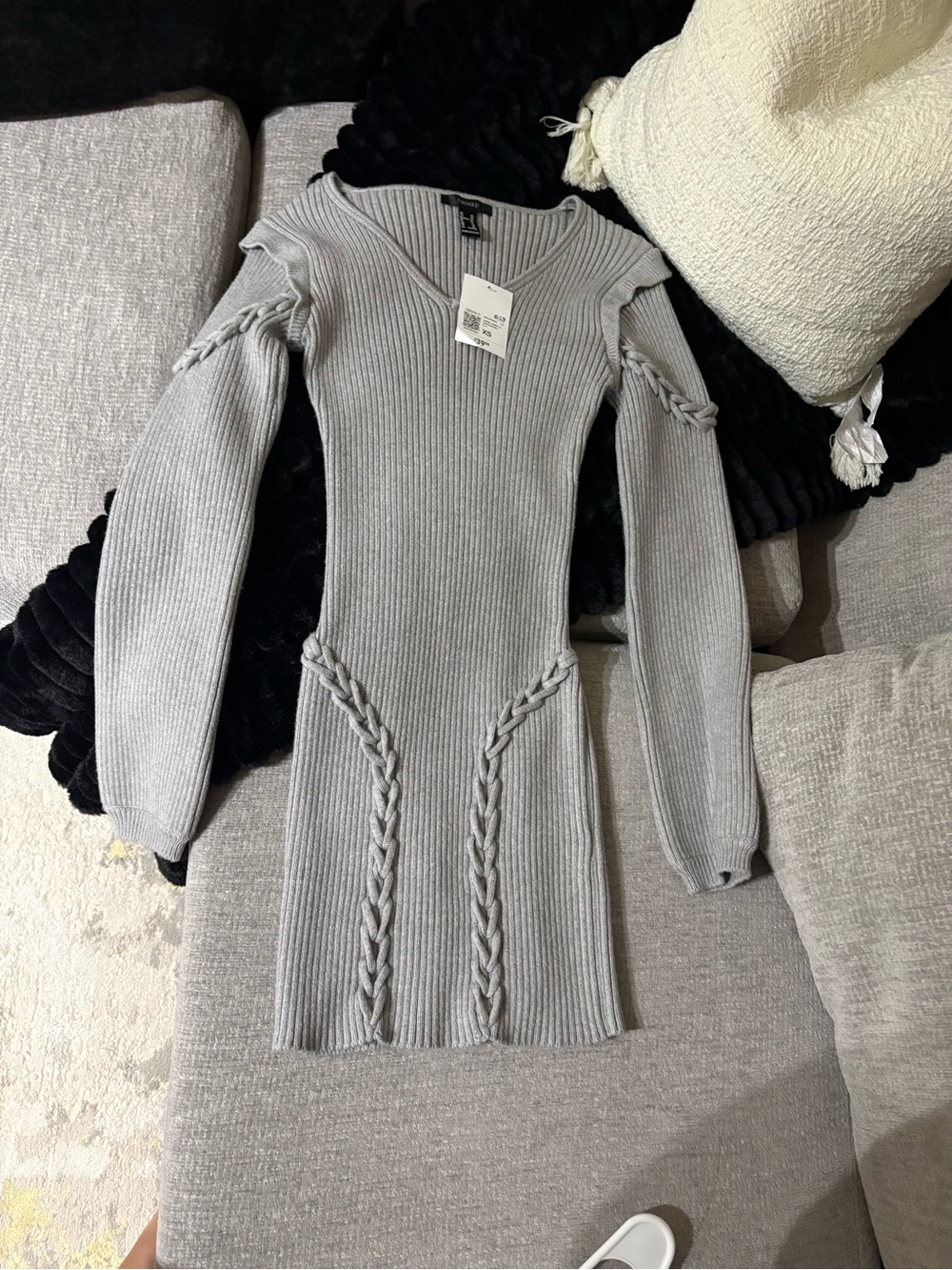 Fashion Nova Light Grey Ribbed Knit Long Sleeve Dress with Braided Details